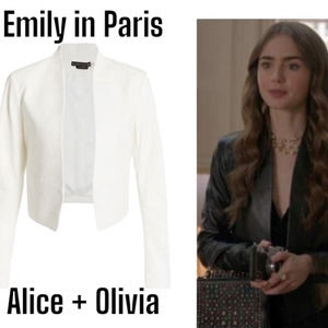 Alice+Olivia New Harvey White Cropped Leather Jacket Sz S ASO Emily in Paris